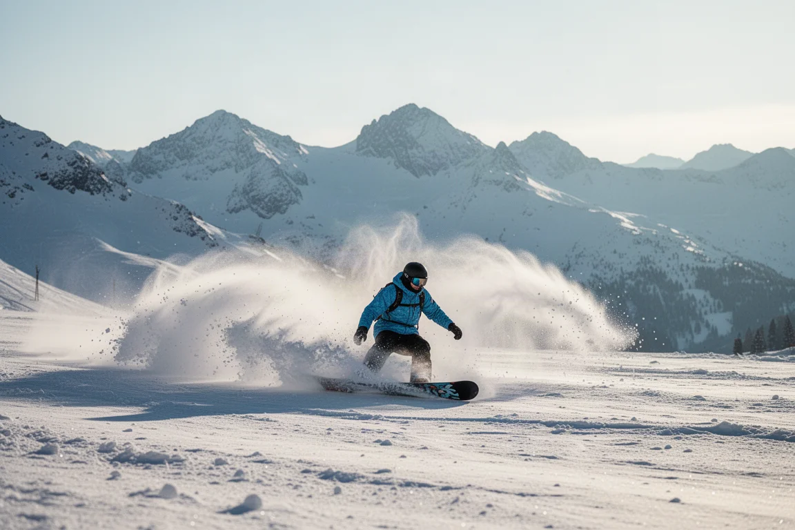 Snowboarder legt een carve in op een geprepareerde piste