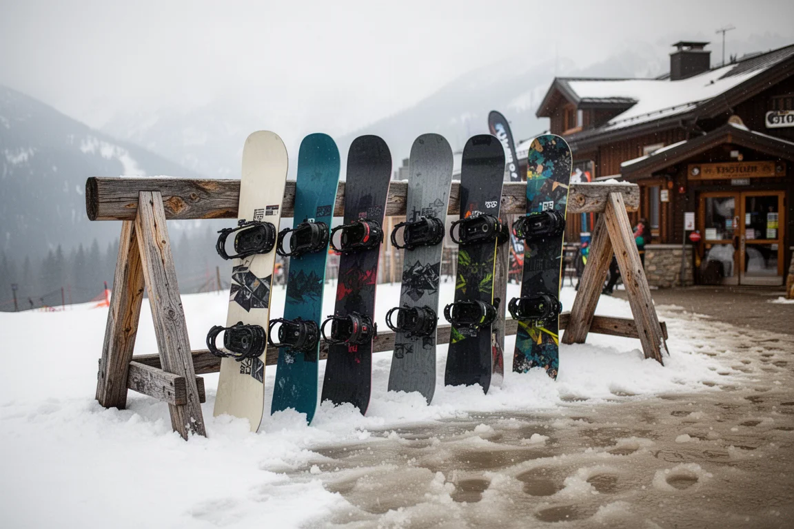 Snowboarder landt een sprong in diepe poedersneeuw