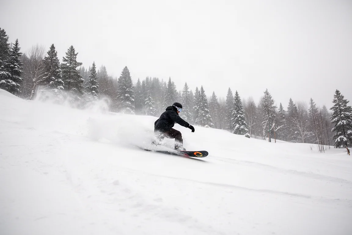 Snowboarder fährt durch frischen Pulverschnee auf einem breiten Berghang