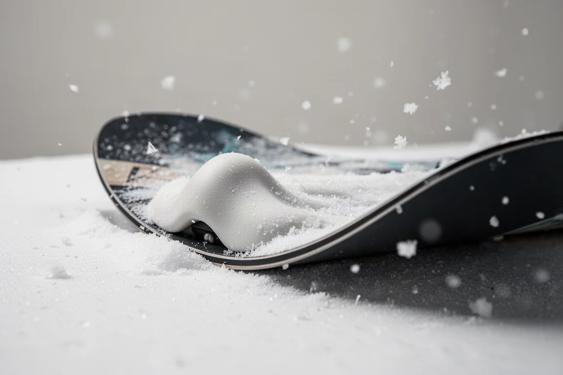 Nahaufnahme einer Snowboard-Nase, die beim Buttern in weichen Schnee gedrückt wird