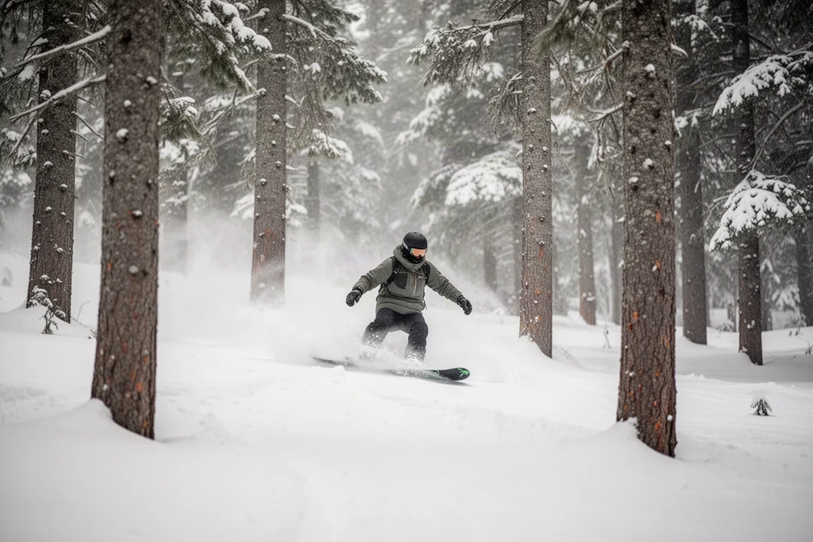 Snowboarder carvt in frischem Schnee zwischen Bäumen hindurch