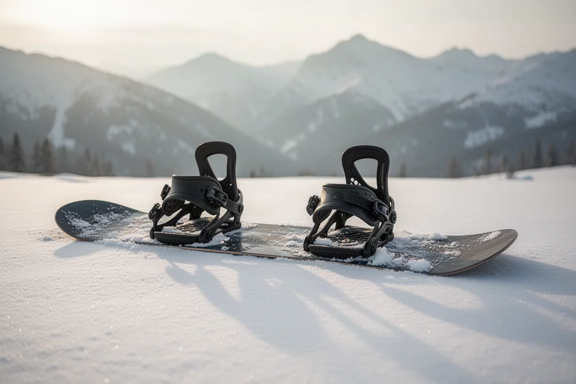 Snowboard mit montierten Bindungen liegt im weichen Nachmittagslicht auf dem Schnee
