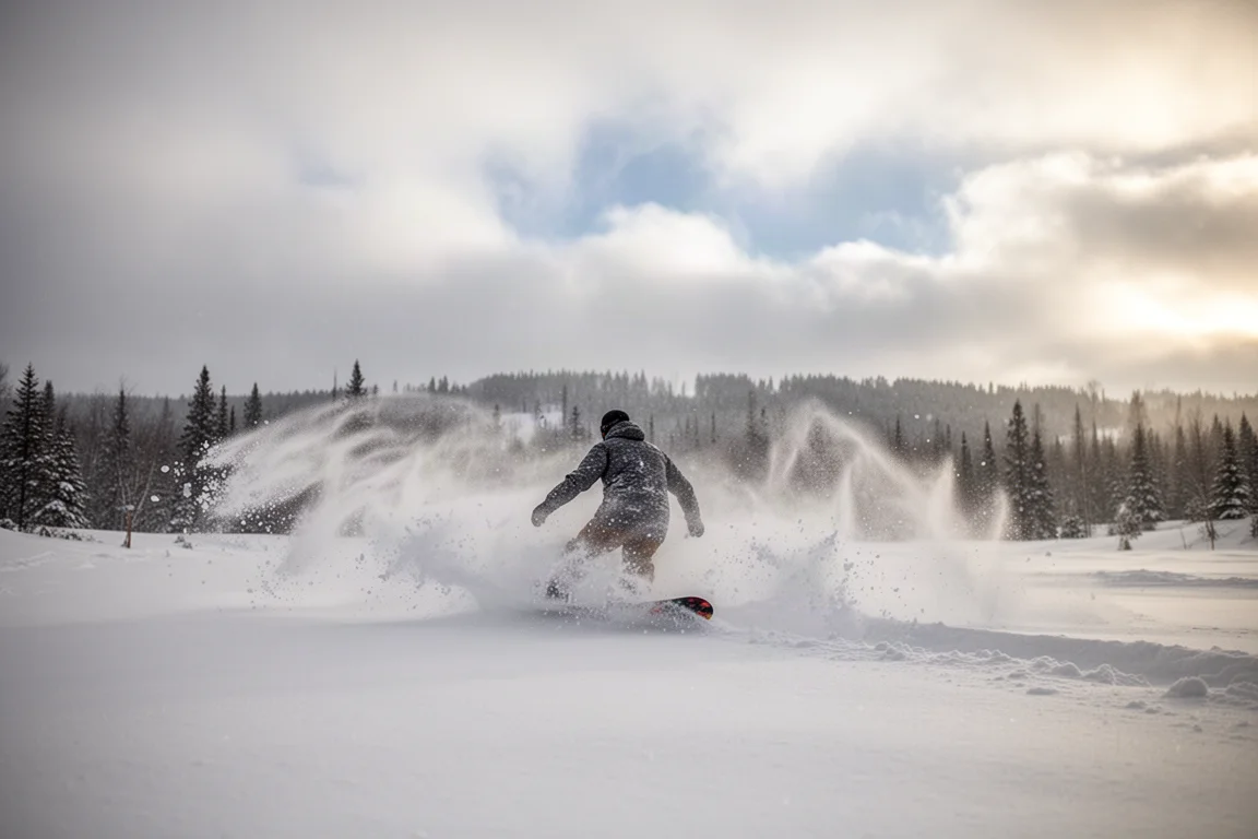 Snowboardeur taillant dans la poudreuse printanière avec un nuage de neige projetée derrière la planche