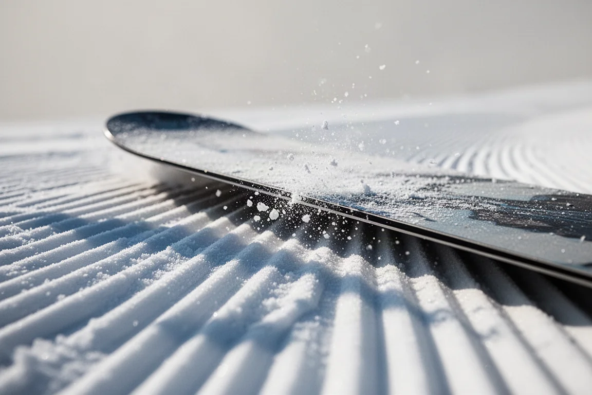 Vue en contre-plongée d'une carre de snowboard mordant dans des lignes fraîches de corduroy damé