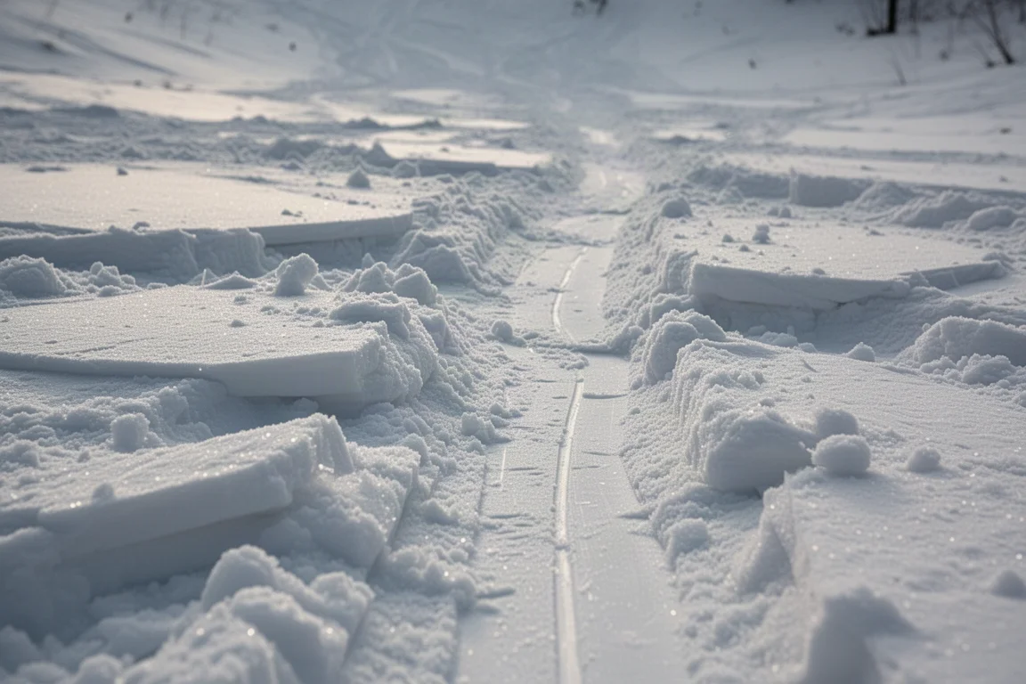 Neige printanière cahoteuse et saccadée avec des plaques de verglas attrapant la lumière basse