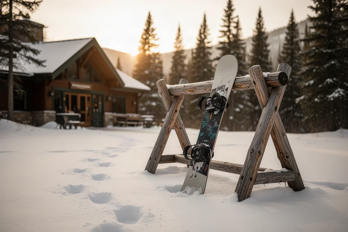 Snowboard appuyé contre un rack en bois devant un lodge de montagne à l'heure dorée
