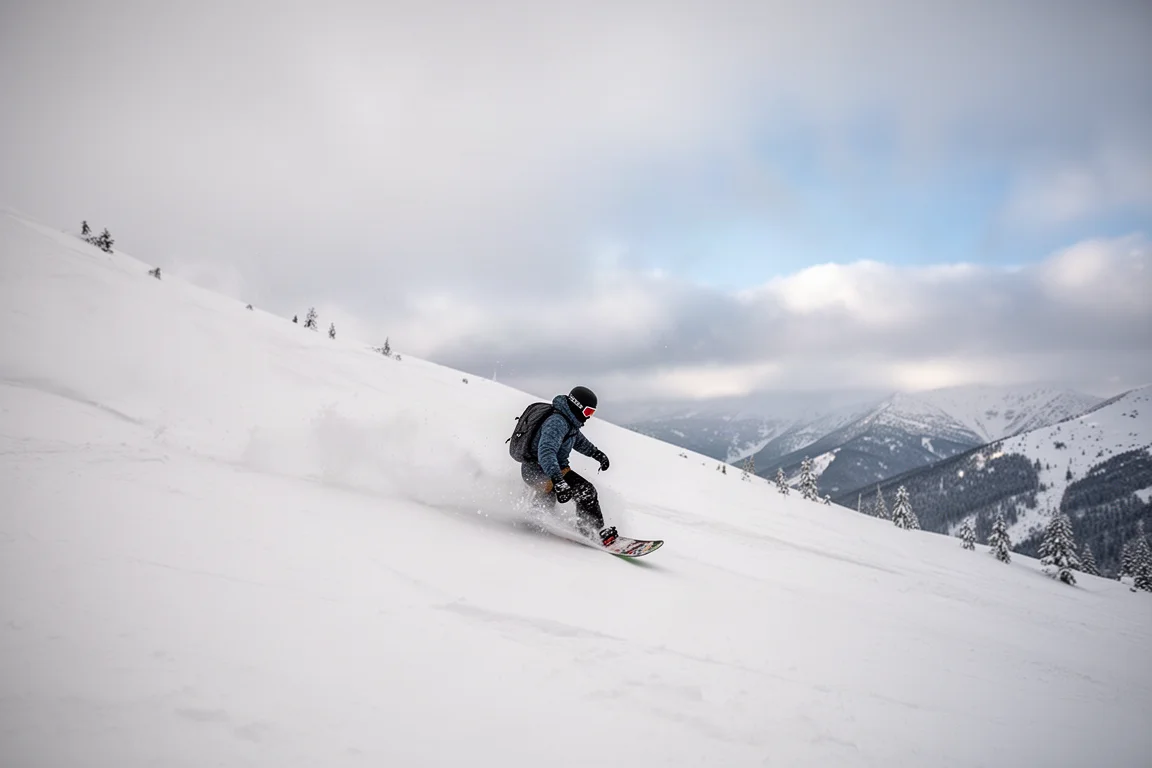 Snowboarder fährt frischen Powder durch Bäume an einem bedeckten Morgen