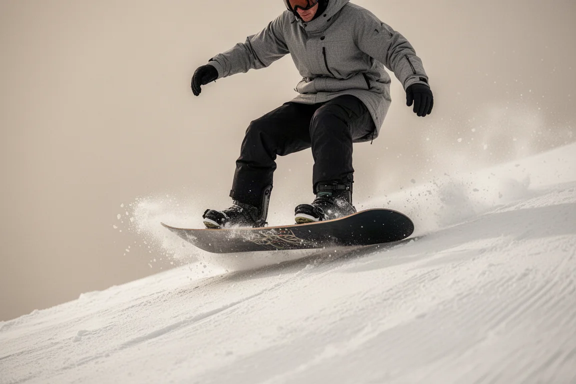 Snowboarder macht Butters auf der Nose des Boards auf einer präparierten Piste
