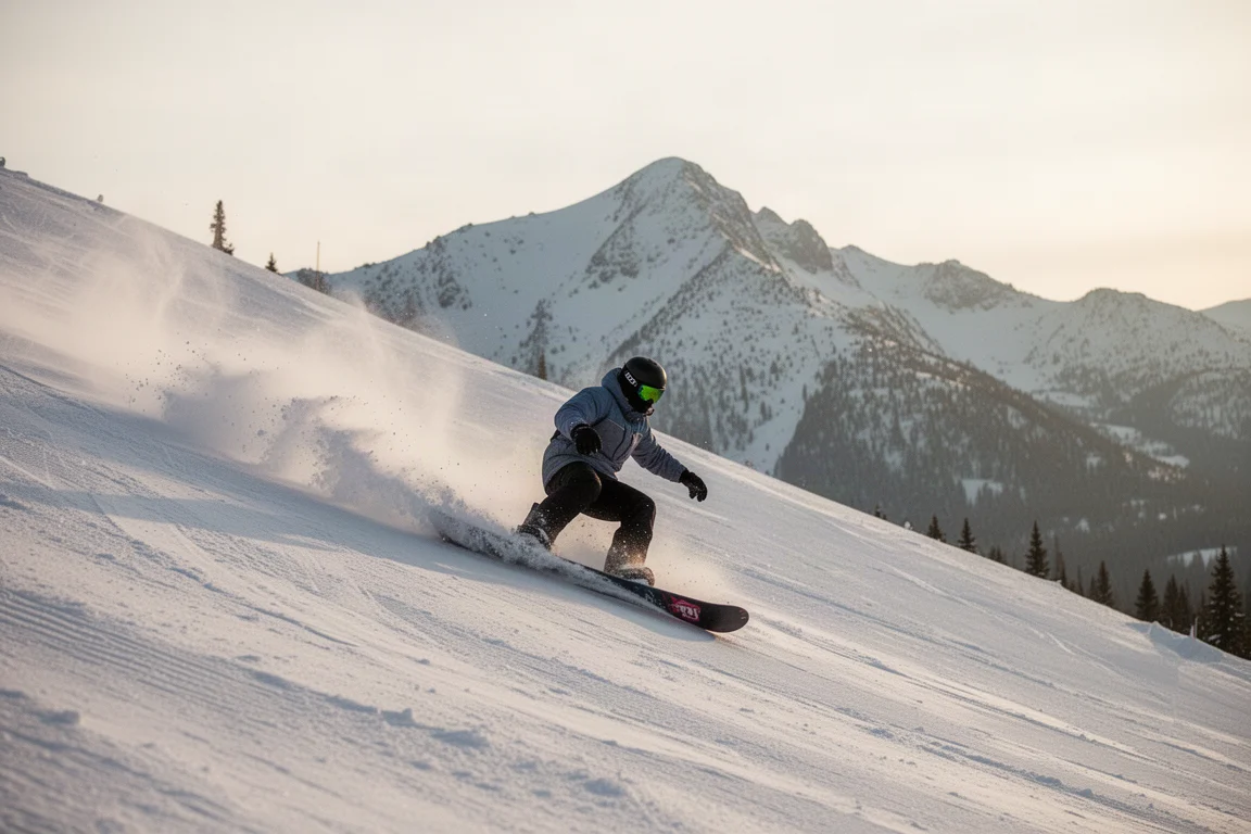 Snowboarder legt eine tiefe Carve auf einer steilen präparierten Abfahrt