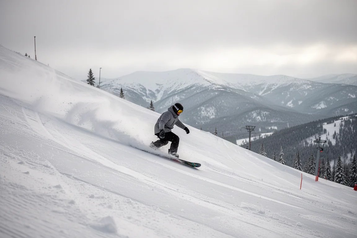 Snowboarder descendo com confiança por uma pista encorpada e preparada do resort