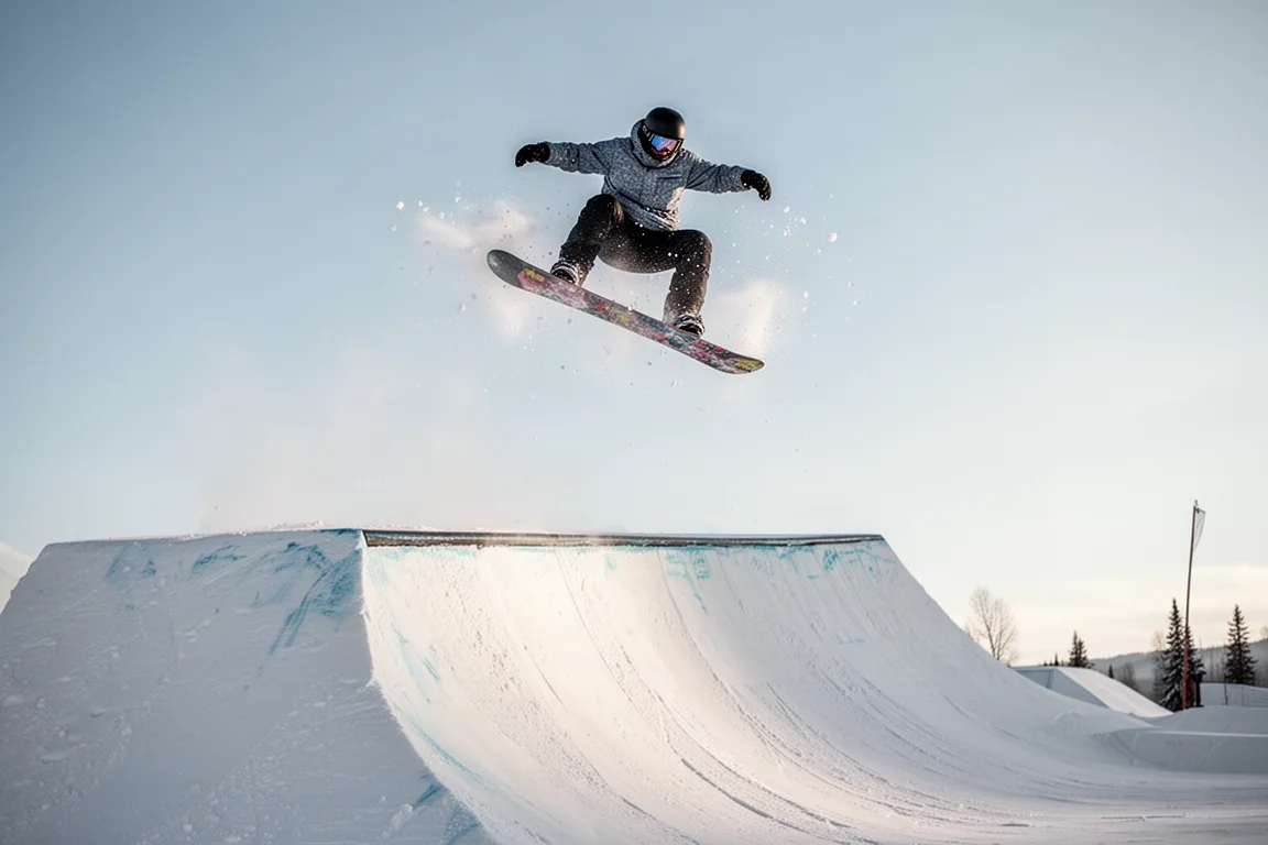 Snowboarder saltando de um grande kicker no terrain park