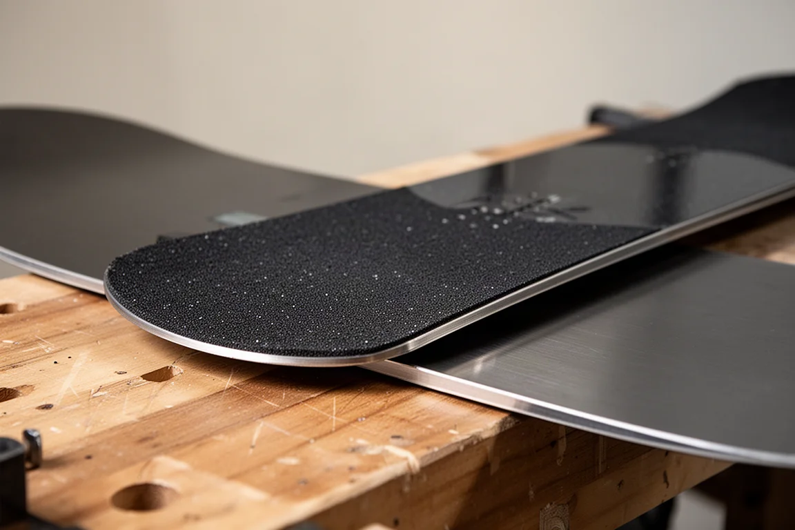 Detalhe da base e das bordas da prancha de snowboard sobre uma superfície de oficina