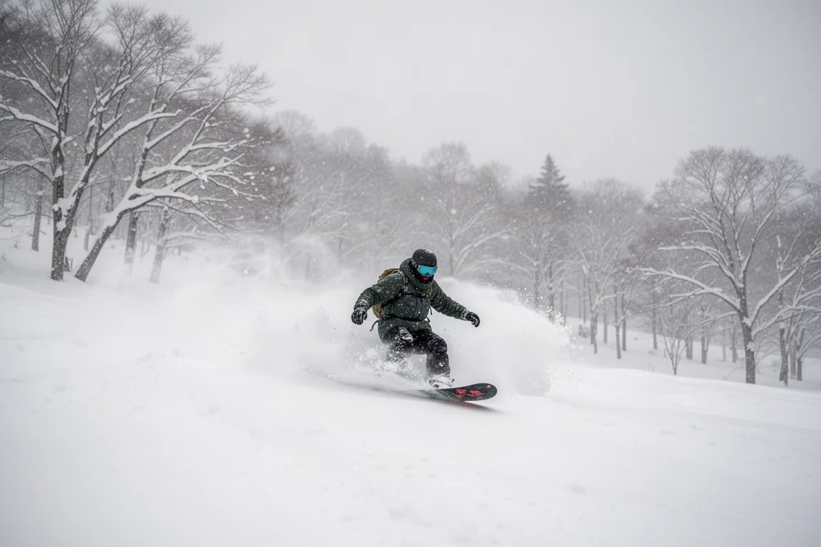 Snowboarder riscando curvas em neve fofa num dia de neve profunda no Japão