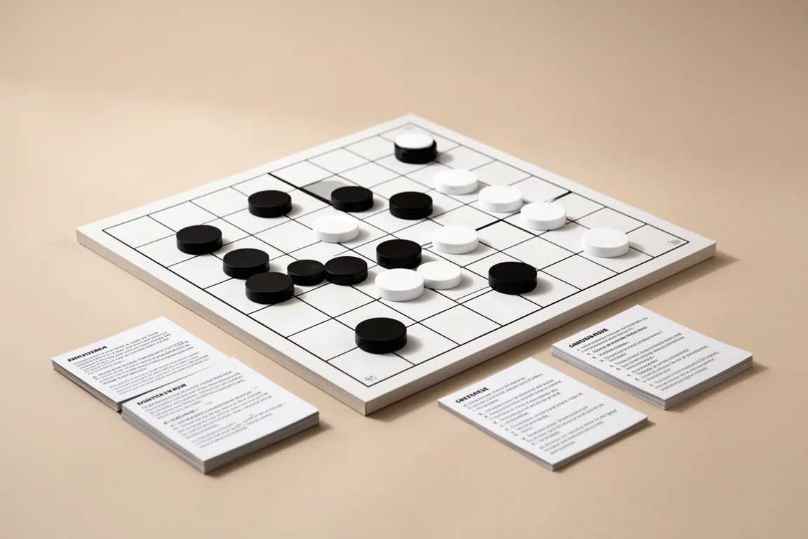Six small board games with colorful components arranged on a wooden table