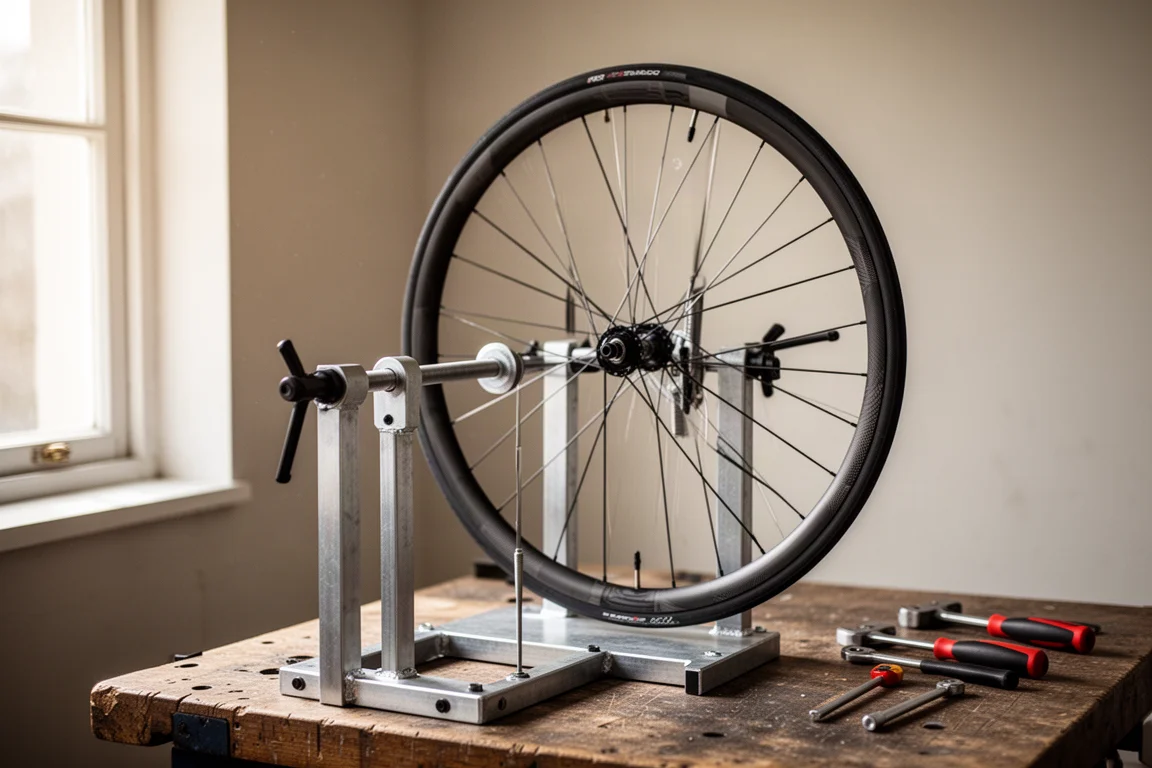 Close-up of a matte carbon bicycle rim resting on a workshop bench