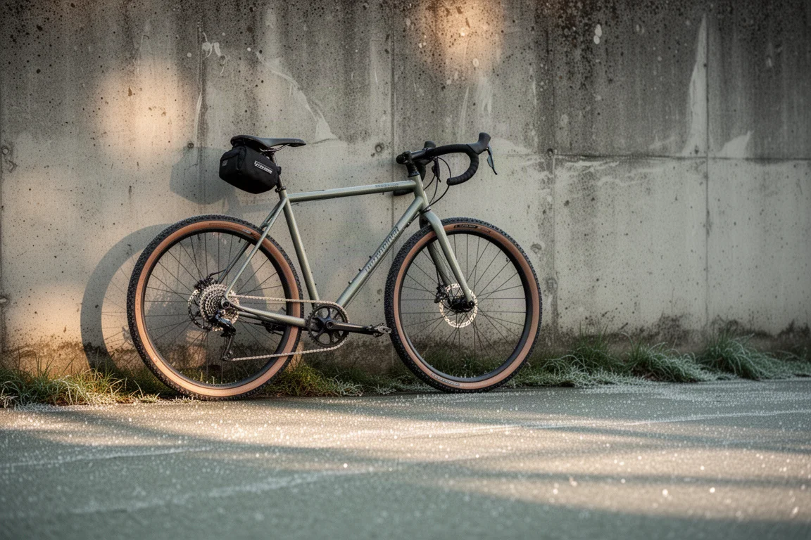 Bicycle drivetrain with a small bottle of chain lubricant on a concrete floor