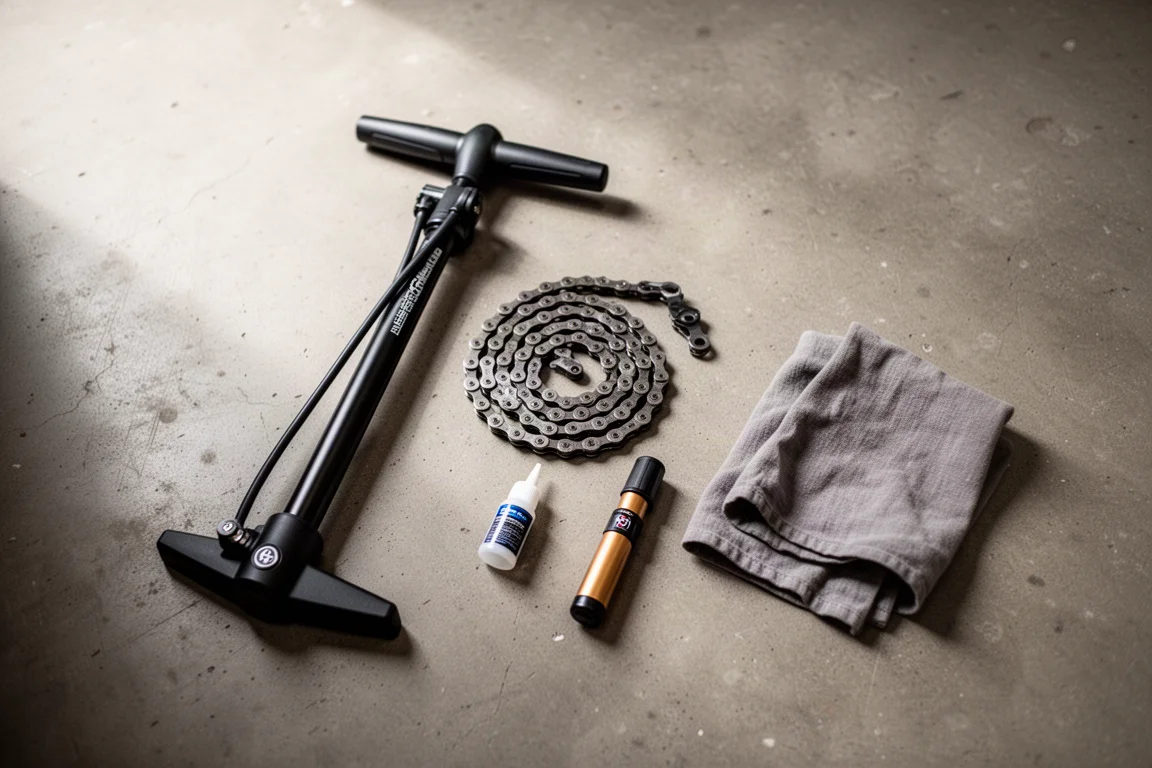 Flat-lay of cycling essentials arranged on a pale concrete floor