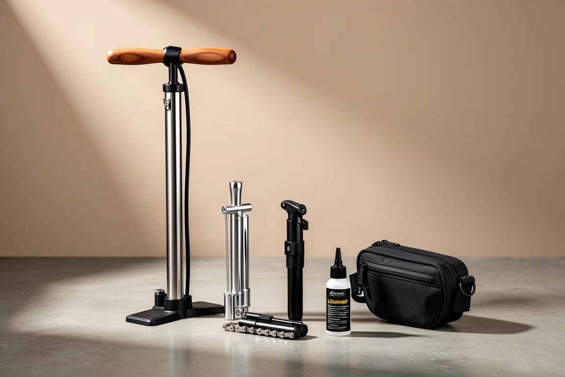 Pompes cyclistes haut de gamme, sacoche de selle et porte-bidon en titane disposés sur une surface en béton