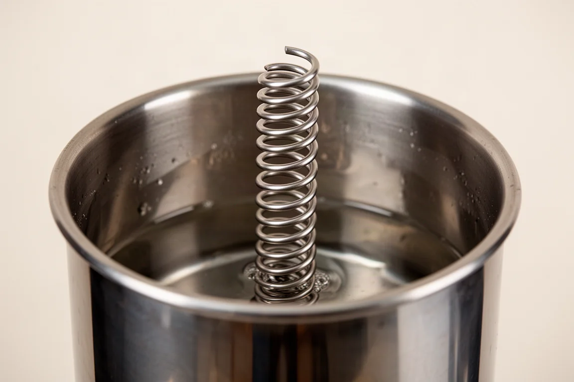 Nahaufnahme einer Metallwendel in einem offenen Pinselreinigungstank