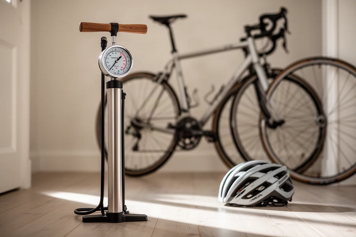 Standpumpe neben einem Rennrad in einem hellen Flur mit Helm auf dem Boden