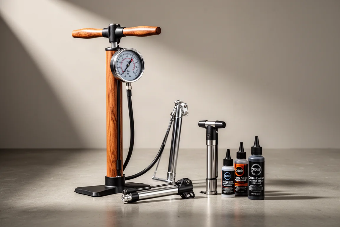 Cycling floor pump, frame pump, mini pump and chain lube bottles on a concrete surface