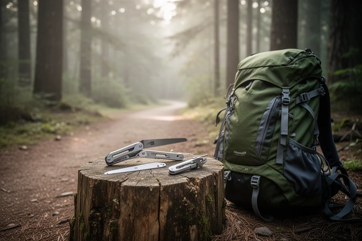 Sierra plegable compacta abierta junto a una mochila en un sendero