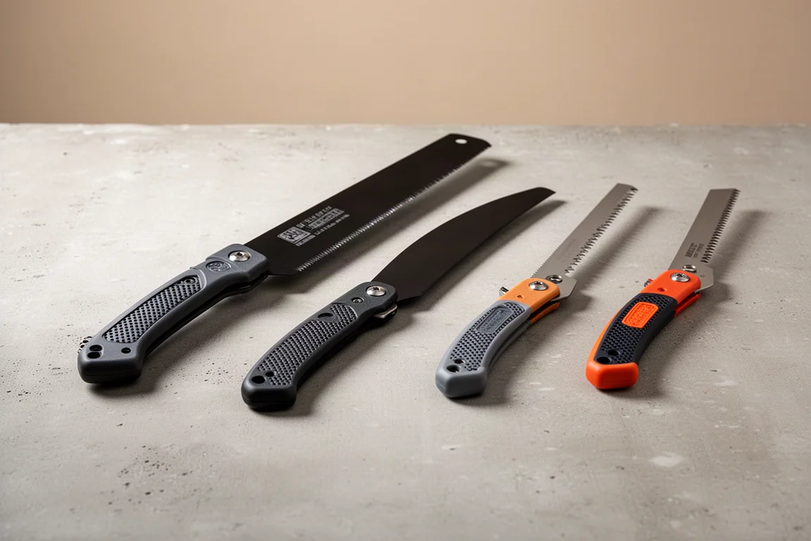 Four Silky folding saws of different sizes arranged on a concrete surface