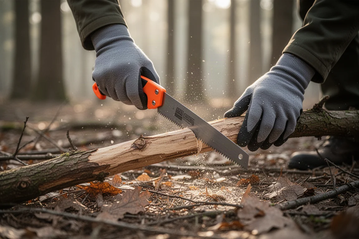 Manos enguantadas cortando una rama seca con una sierra plegable en un campamento