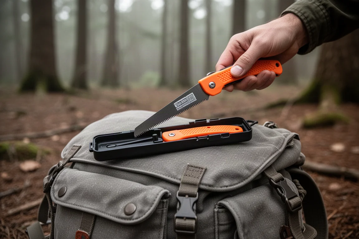 Sierra plegable extraída de un estuche compacto de plástico sobre una mochila