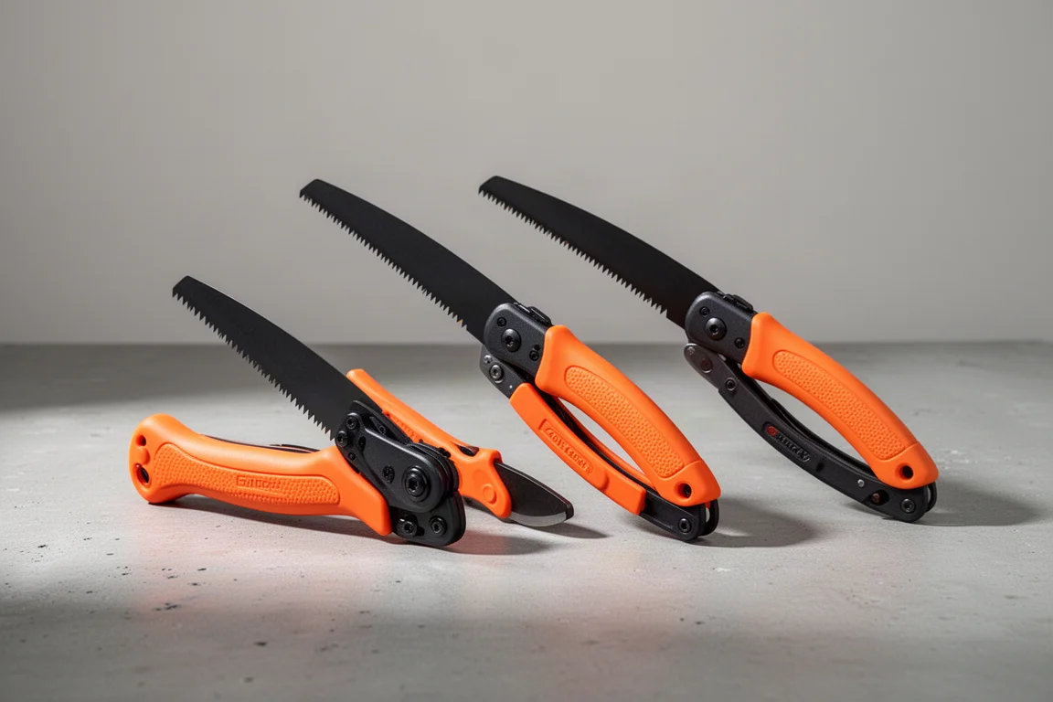 Three orange-handled Silky Outback folding saws of different sizes on a concrete surface