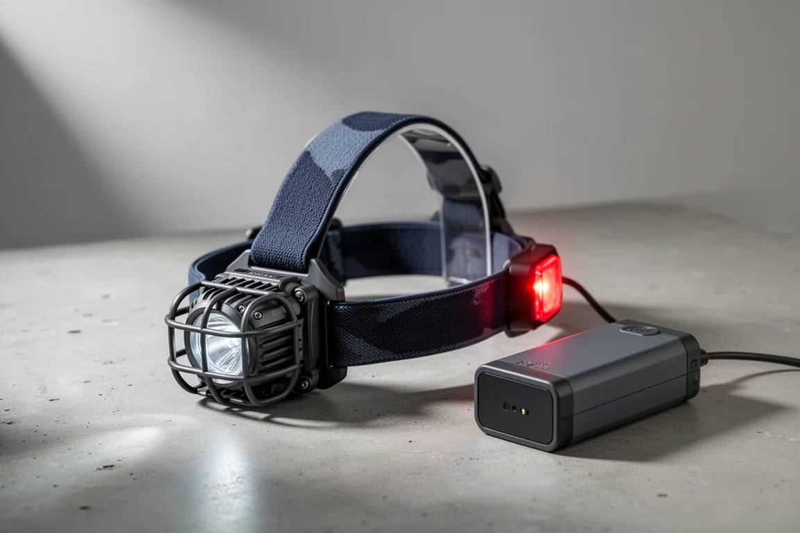 Modular head torch with wide headband and separate battery pack on concrete surface