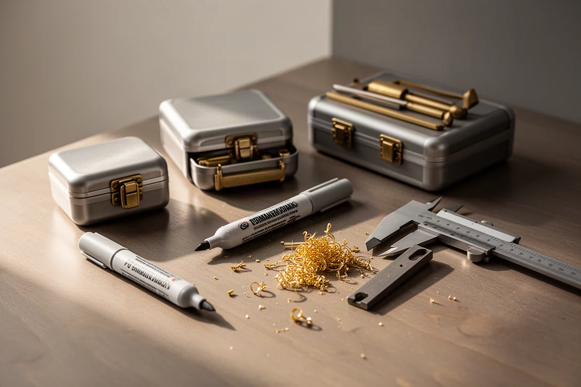 木の上にペン、Sharpie、小さな工具が散らばったメイカーの作業台