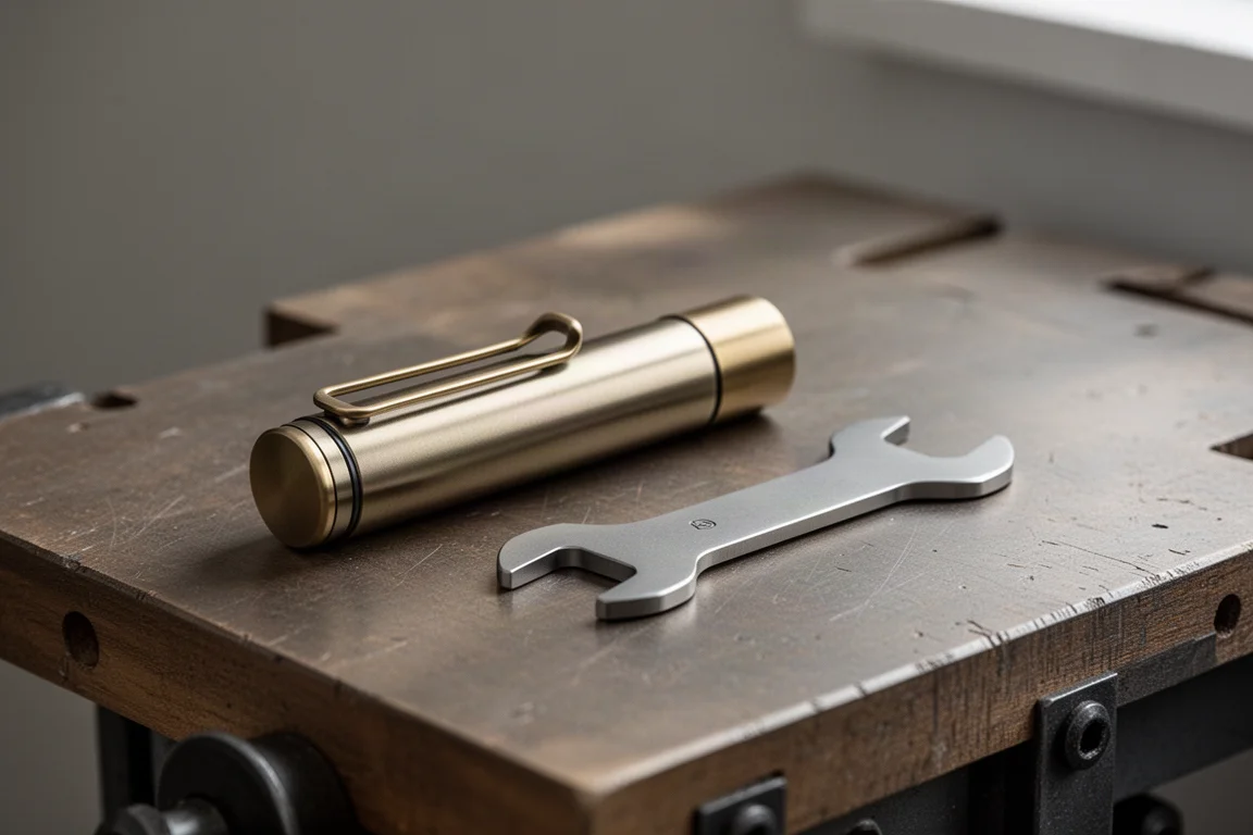 Slim metallic marker case and small titanium pocket wrench on a wooden workbench