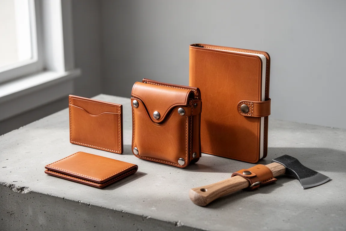 Three leather EDC organizers and a small hand axe arranged on a concrete surface