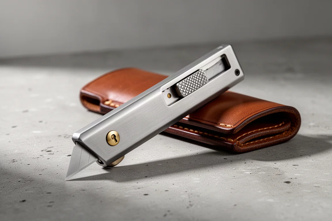 Slim brushed titanium utility knife with brass lock button beside a leather sheath
