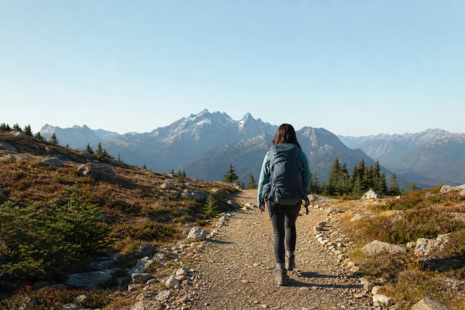 Wanderer auf einem Bergpfad mit fernen Gipfeln und klarem Himmel