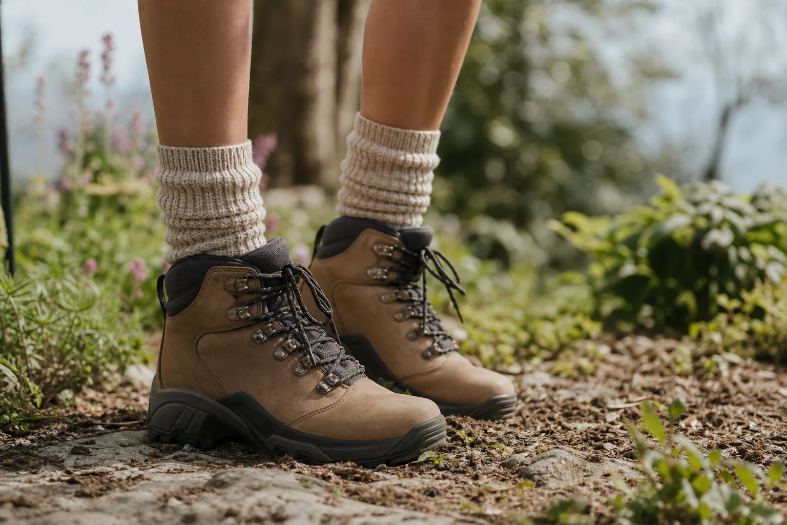 Person mit Wandersocken und Stiefeln in einem Garten