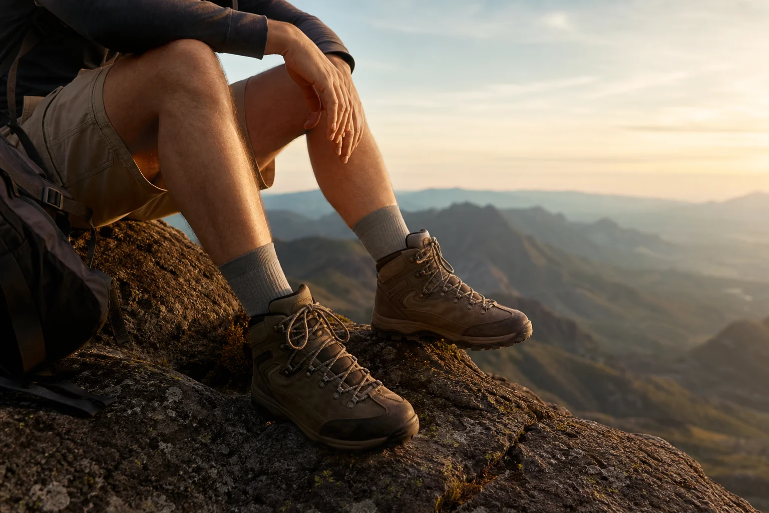 Wanderstiefel mit Socken auf felsigem Berggelände zur goldenen Stunde
