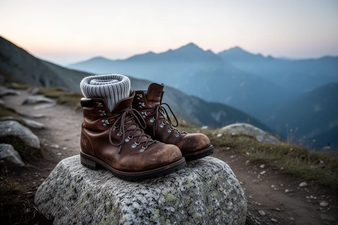 Worn leather hiking boots and a merino sock resting on a granite boulder at dawn