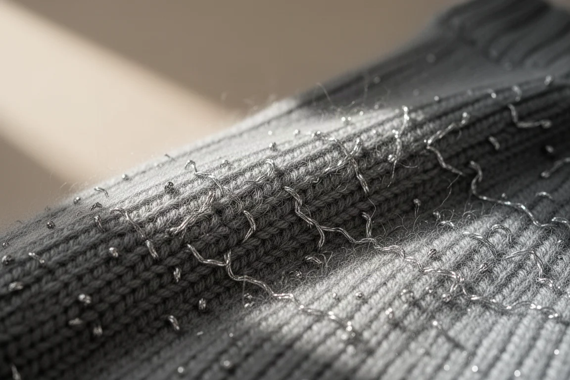 Macro detail of merino wool knit interwoven with a faint metallic silver thread