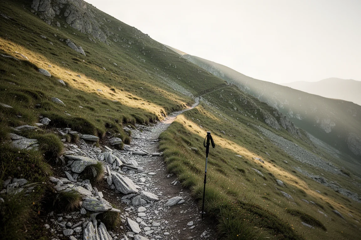 Narrow slanting mountain trail across a steep grassy slope with loose scree