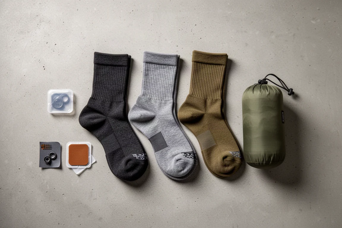 Flat lay of three pairs of technical hiking socks with a repair kit on concrete