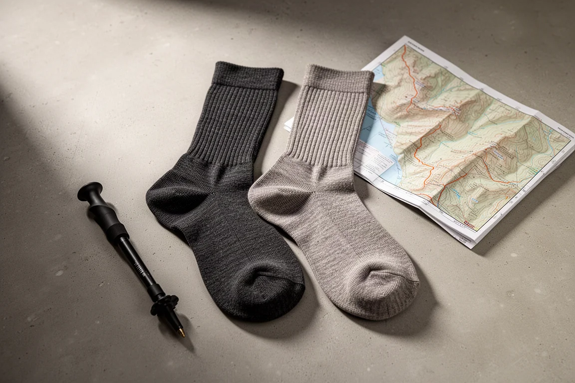 Węglowo-szare skarpety trekkingowe z merino na betonie obok złożonej mapy i końcówki kijków trekkingowych