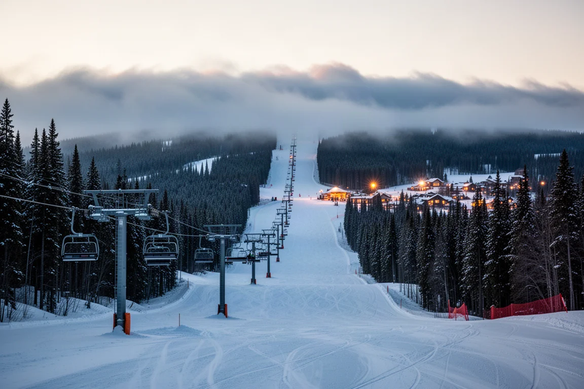 Snow-covered ski resort at dusk with chairlift towers, groomed run, and distant village lights