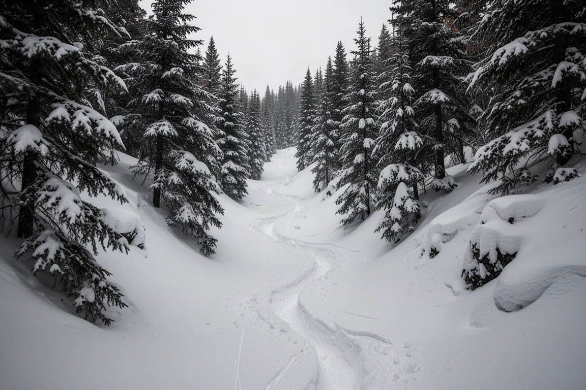 Steep narrow snow-filled gully winding between snow-dusted evergreen trees