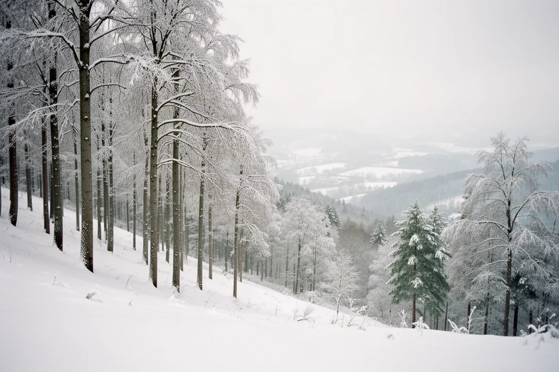 Gentle gladed ski slope with well-spaced snow-covered trees and soft powder