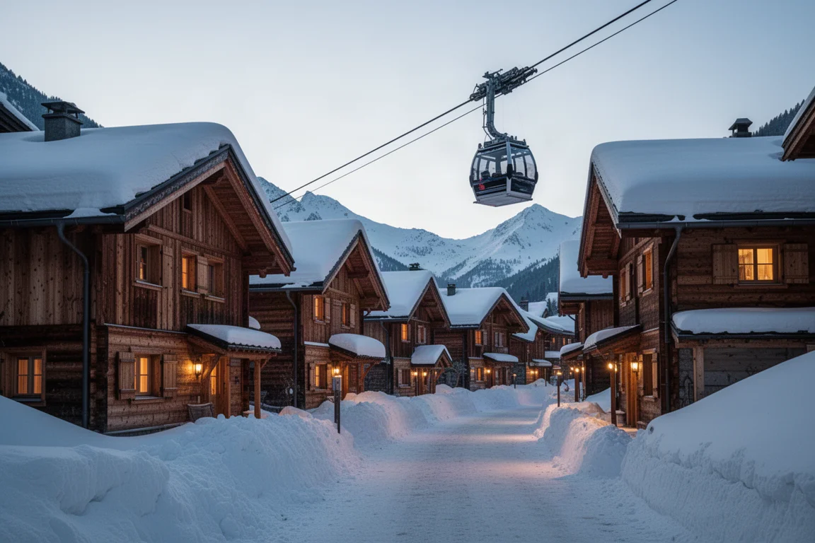 Compact alpine village of snow-covered chalets at twilight with a gondola passing overhead