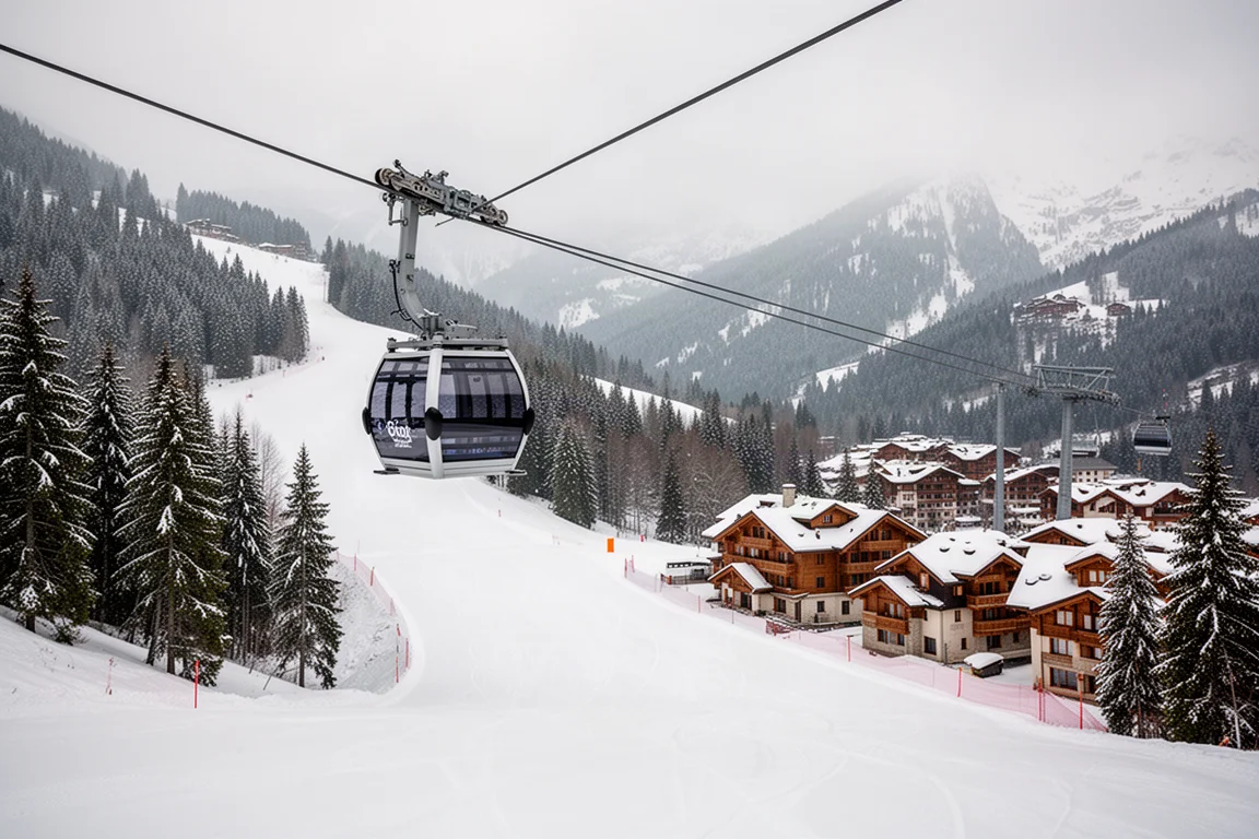Snow-covered mountain resort with gondola cabin, groomed run, and alpine chalets