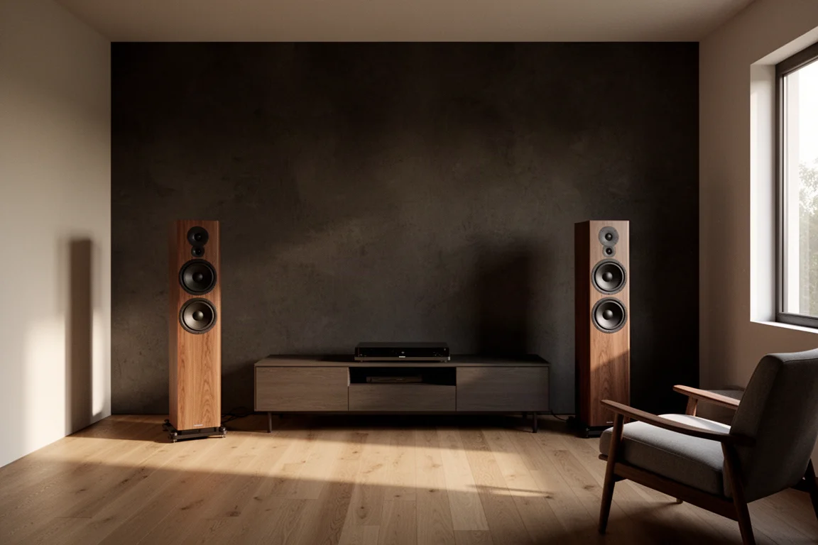 Sala de escucha minimalista con dos altavoces de torre altos y luz de ventana de última hora de la tarde