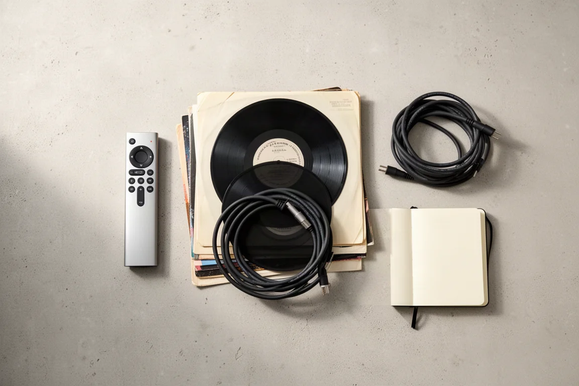 Composición plana de un mando a distancia, discos de vinilo y cables de altavoz sobre hormigón